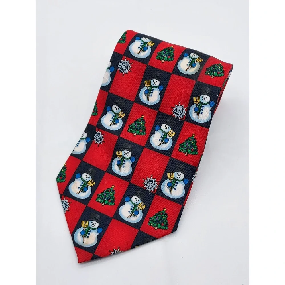 Hallmark Yule Tie Greetings Mens Christmas Snowman Tree Red Navy Blue Silk Tie